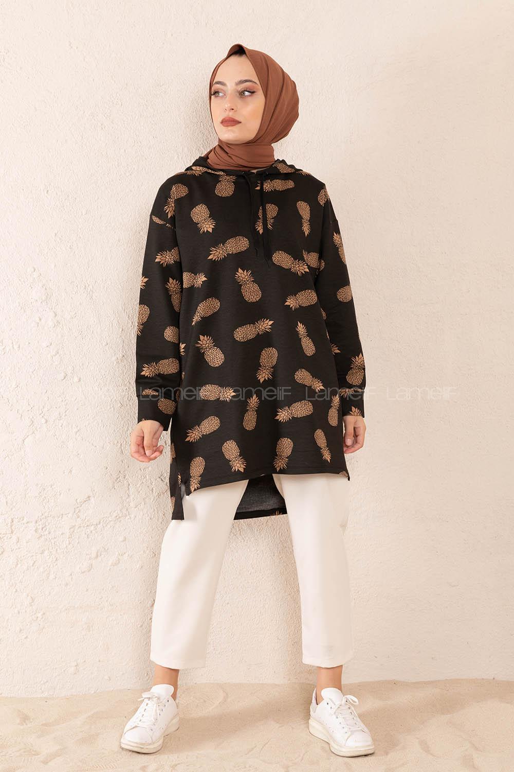 Modalamelif Ananas Baskılı Tunik Siyah