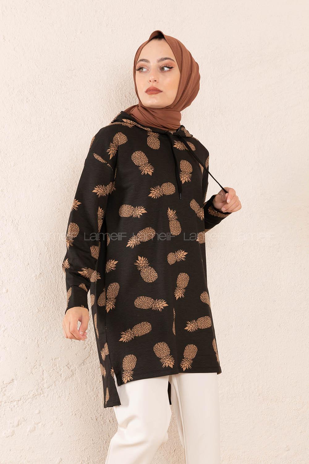 Modalamelif Ananas Baskılı Tunik Siyah