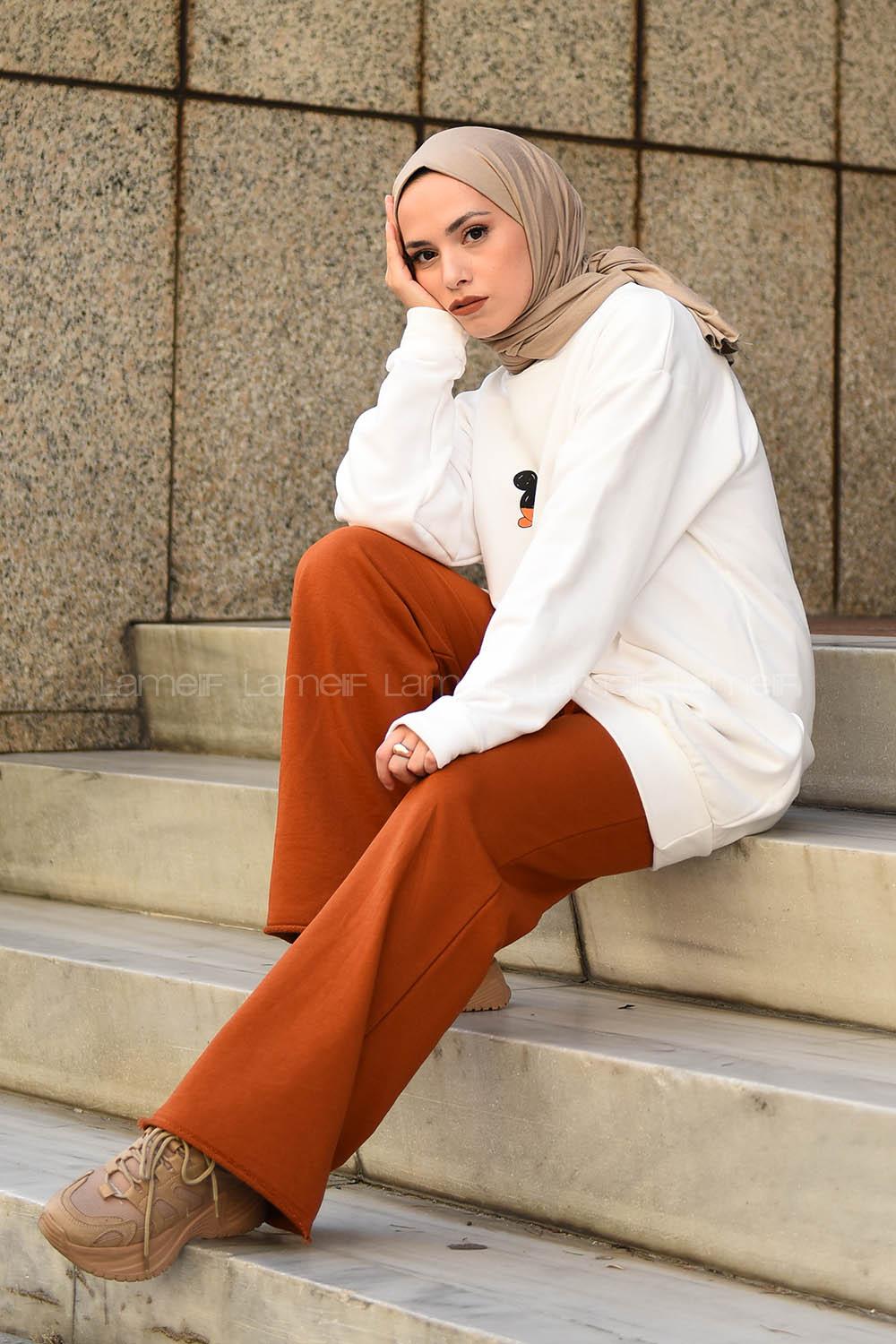 Modalamelif Bisiklet Yaka Ön Baskılı Sweatshirt Beyaz