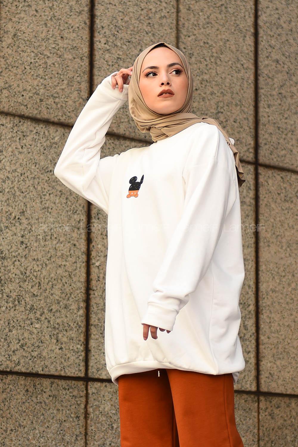 Modalamelif Bisiklet Yaka Ön Baskılı Sweatshirt Beyaz