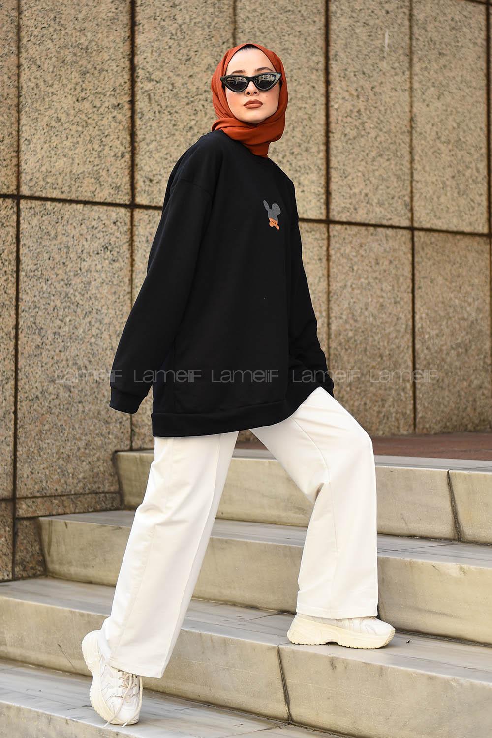 Modalamelif Bisiklet Yaka Ön Baskılı Sweatshirt Siyah