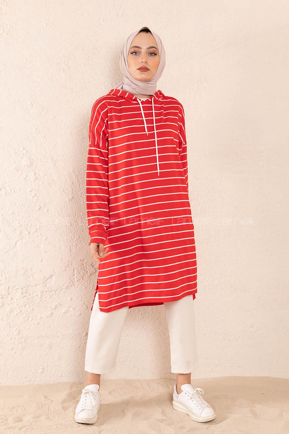 Modalamelif Çizgili Kapşonlu Tunik Kırmızı