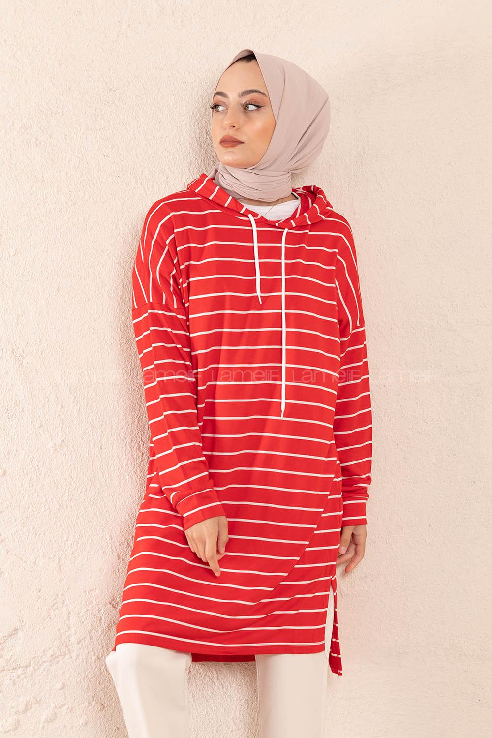 Modalamelif Çizgili Kapşonlu Tunik Kırmızı