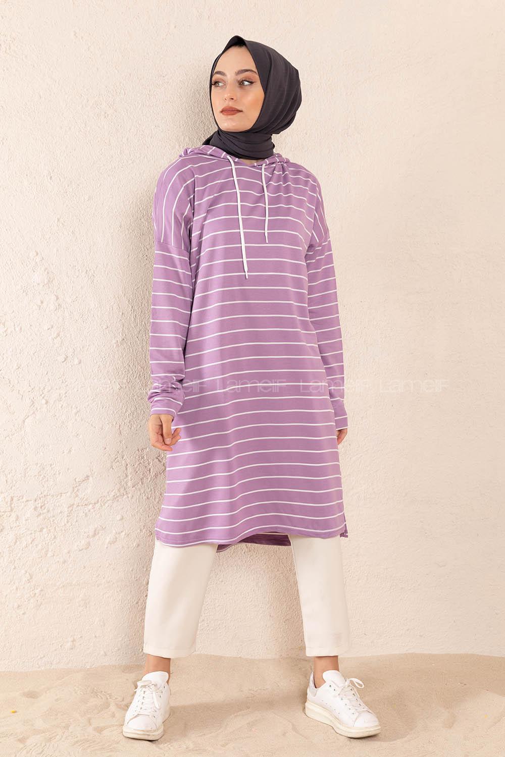 Modalamelif Çizgili Kapşonlu Tunik Lila