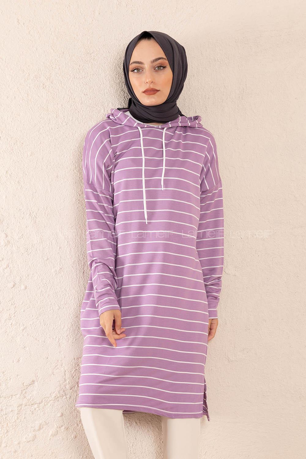 Modalamelif Çizgili Kapşonlu Tunik Lila