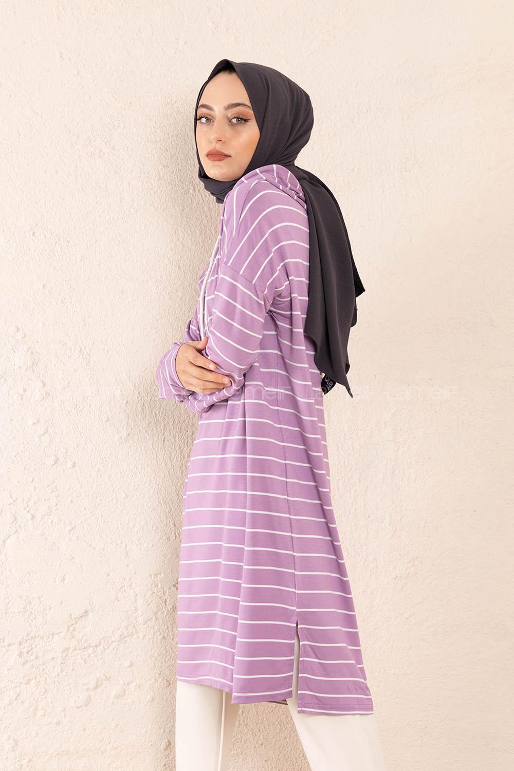 Modalamelif Çizgili Kapşonlu Tunik Lila