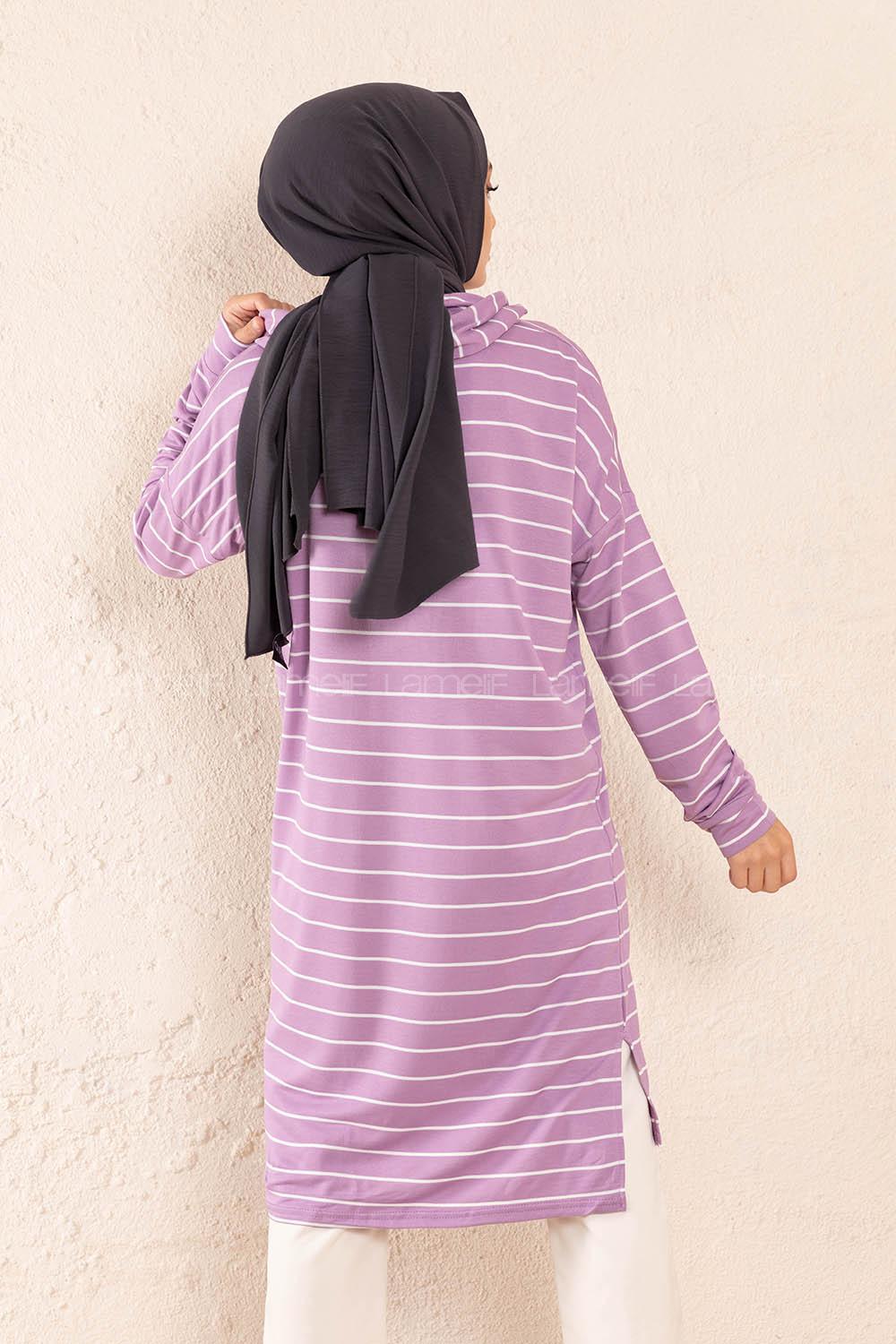 Modalamelif Çizgili Kapşonlu Tunik Lila