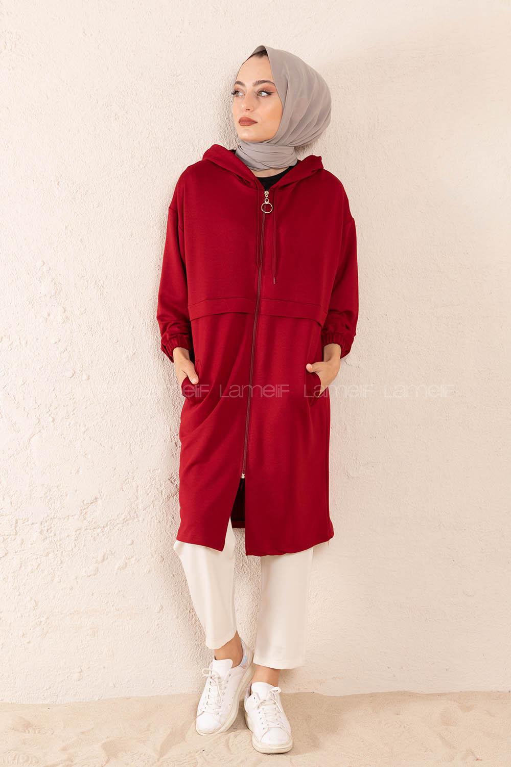 Modalamelif Gizli Cepli Fermuarlı Hırka Bordo