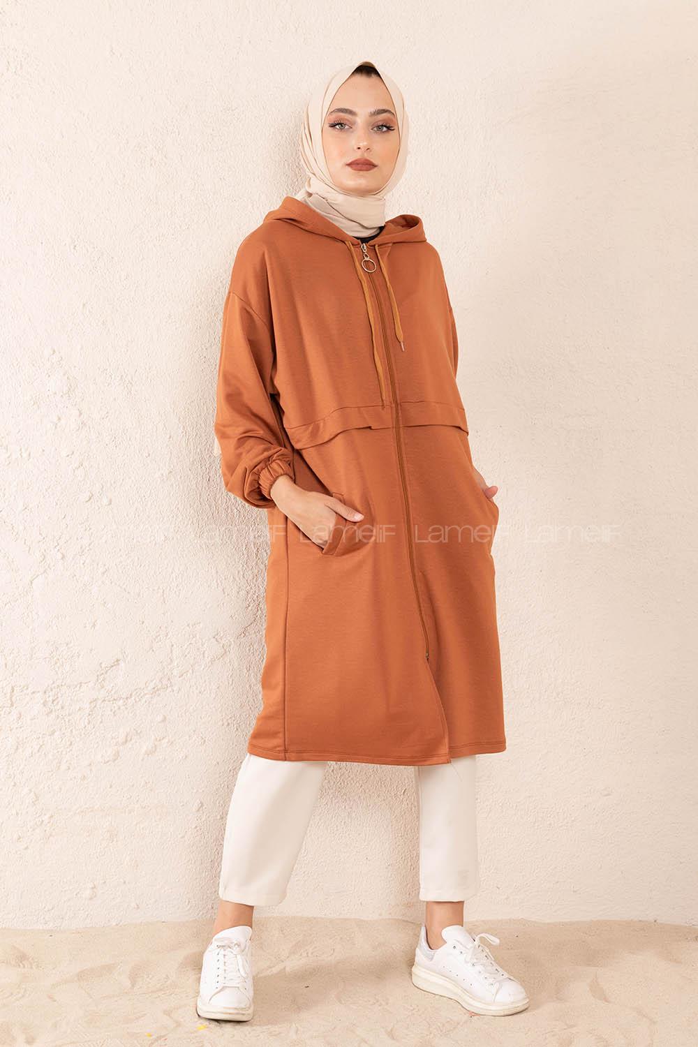 Modalamelif Gizli Cepli Fermuarlı Hırka Taba