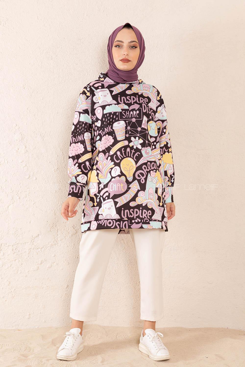 Modalamelif Kapşonlu Discover Baskılı Sweatshirt Lila