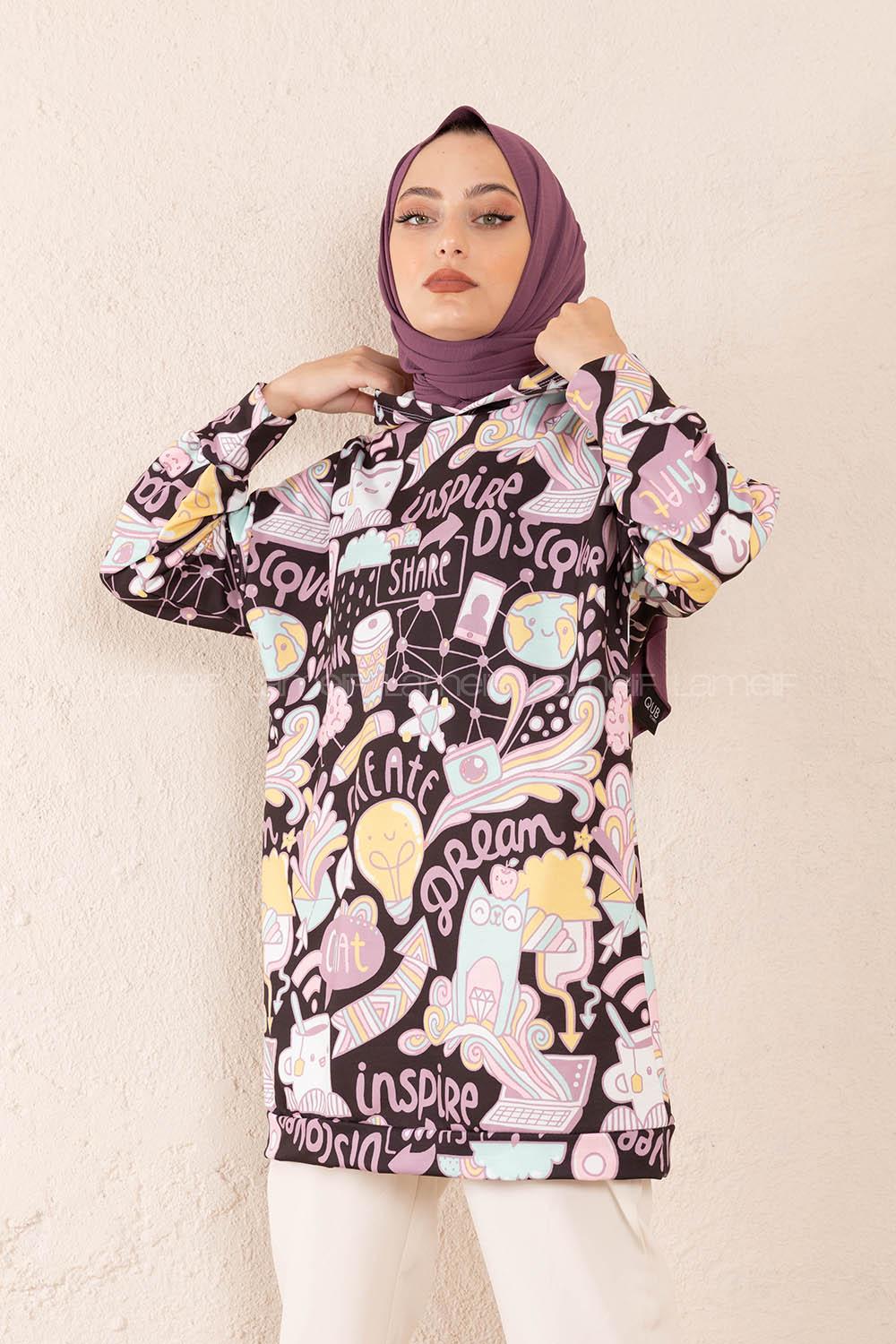 Modalamelif Kapşonlu Discover Baskılı Sweatshirt Lila