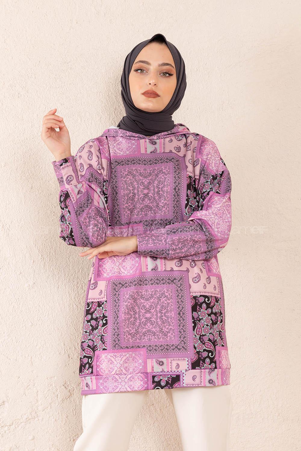 Modalamelif Kapşonlu Kilim Desen Sweatshirt Mor