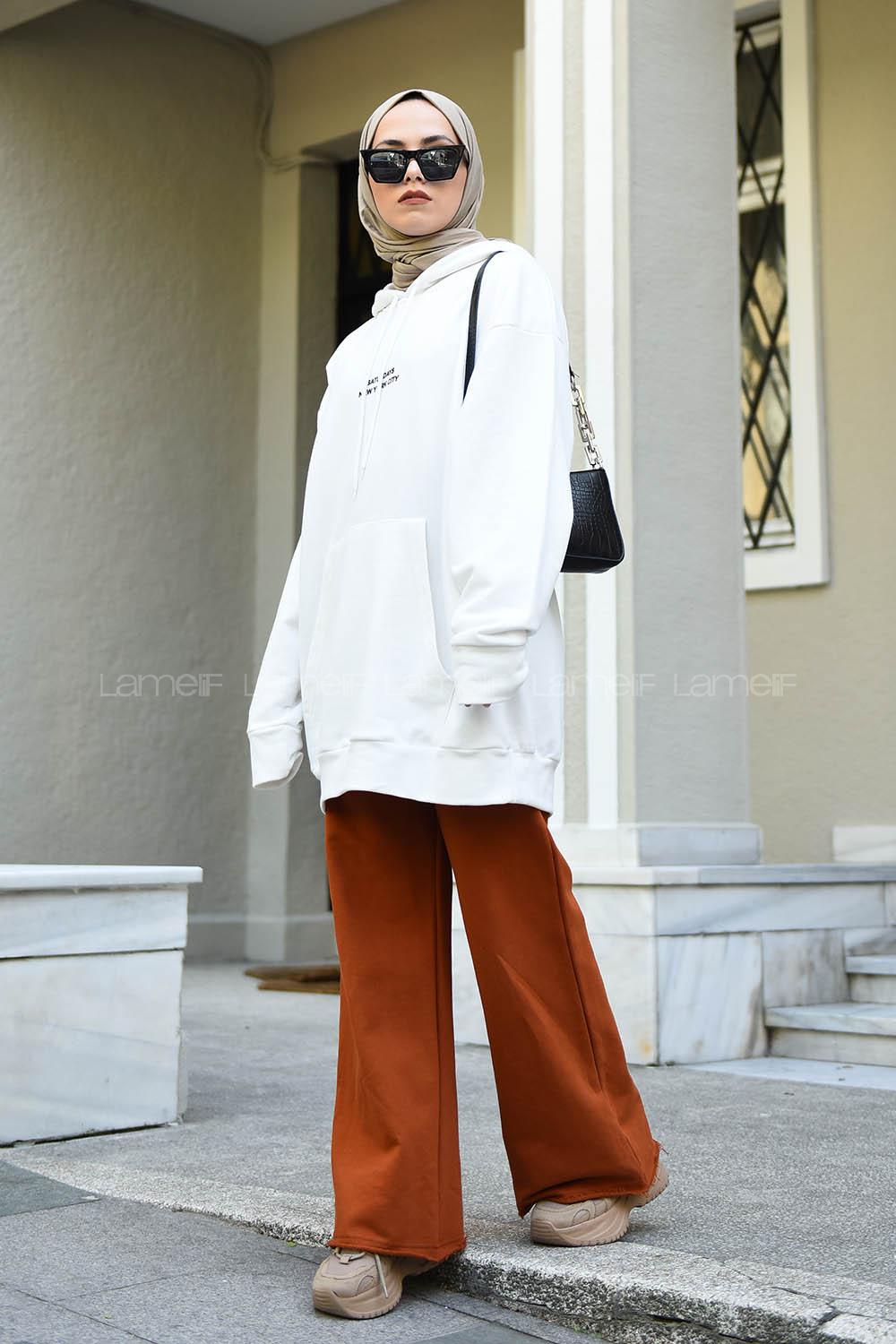 Modalamelif Kapşonlu Yazı Baskılı Sweatshirt Beyaz