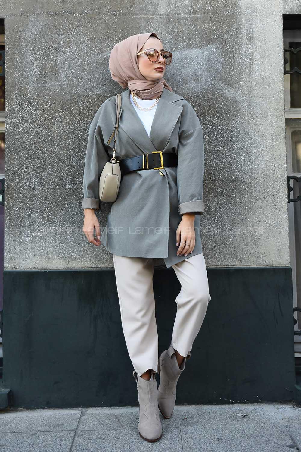 Modalamelif Kemerli Oversize Ceket Haki