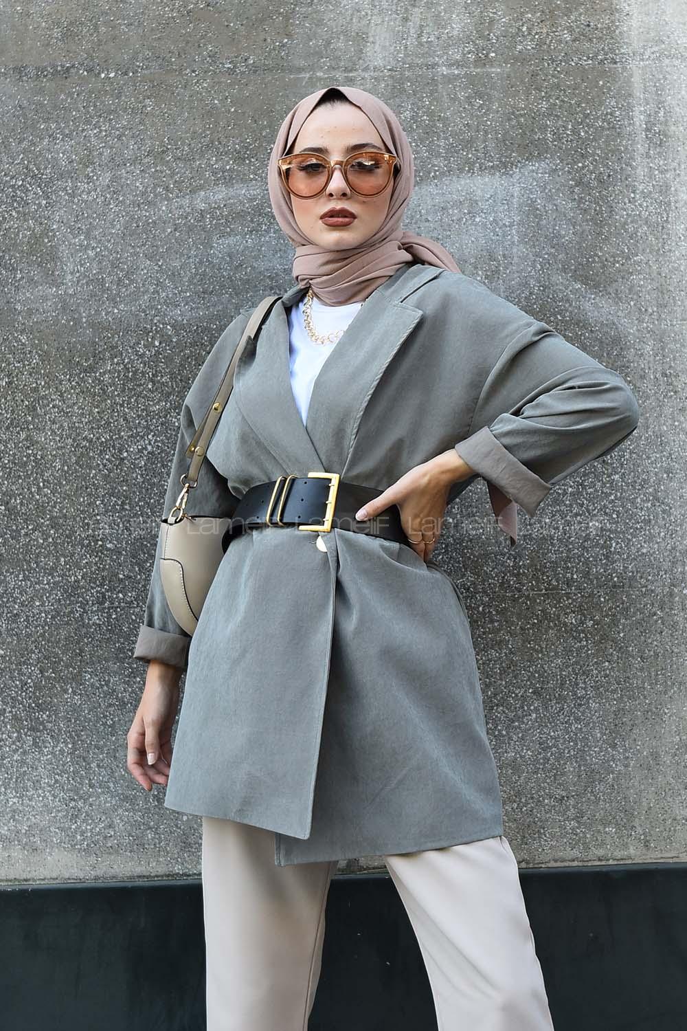 Modalamelif Kemerli Oversize Ceket Haki