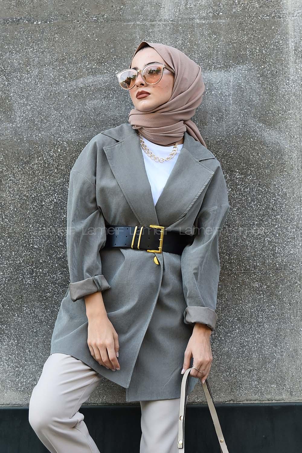 Modalamelif Kemerli Oversize Ceket Haki