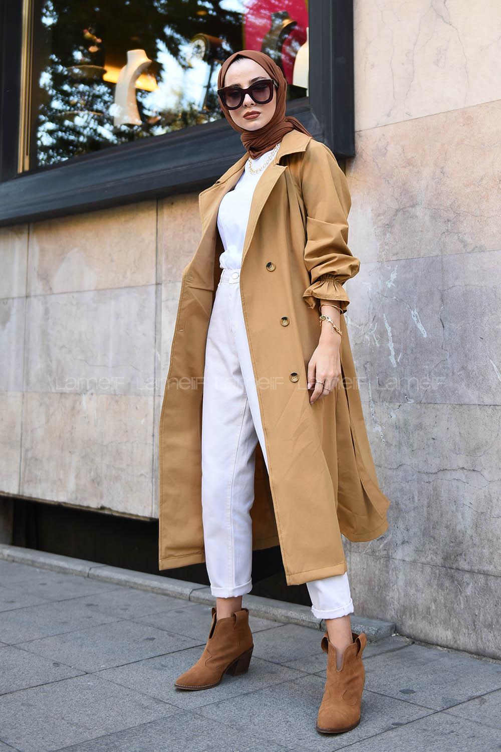 Modalamelif Ön Düğmeli Kuşaklı Trenç Camel