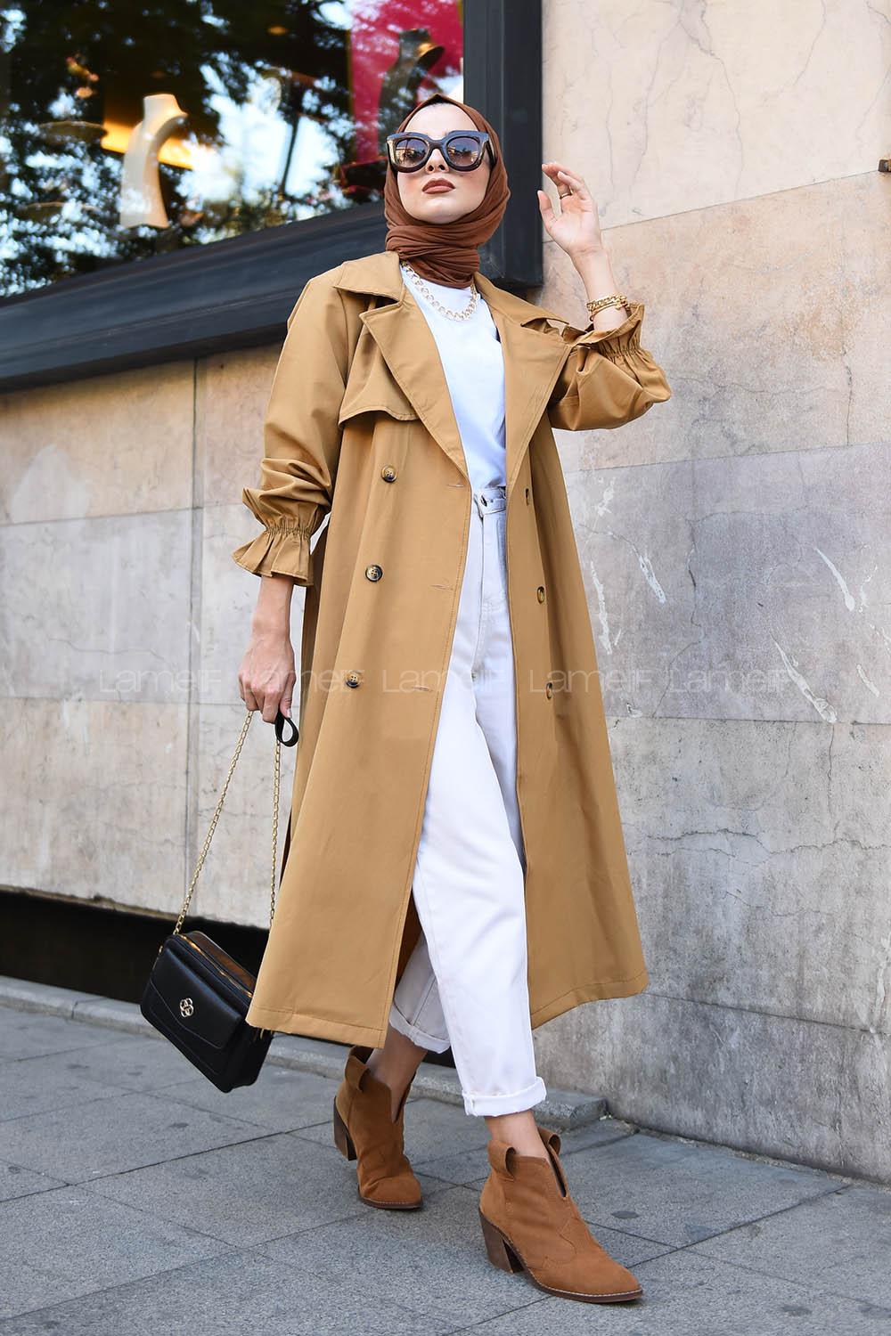 Modalamelif Ön Düğmeli Kuşaklı Trenç Camel