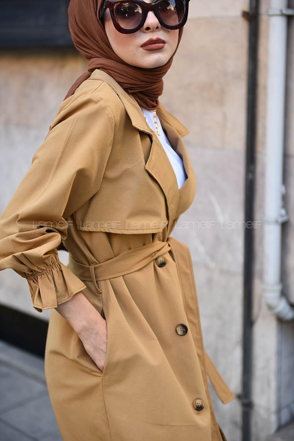 Modalamelif Ön Düğmeli Kuşaklı Trenç Camel