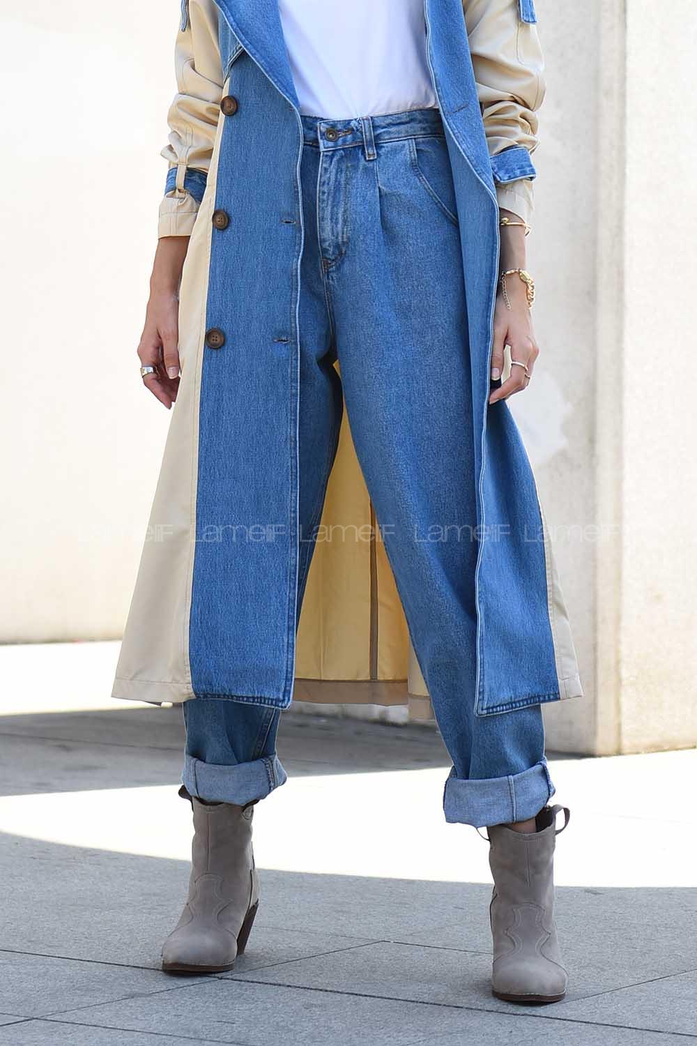 Modalamelif Paça Pensli Mom Jean Kot Mavisi