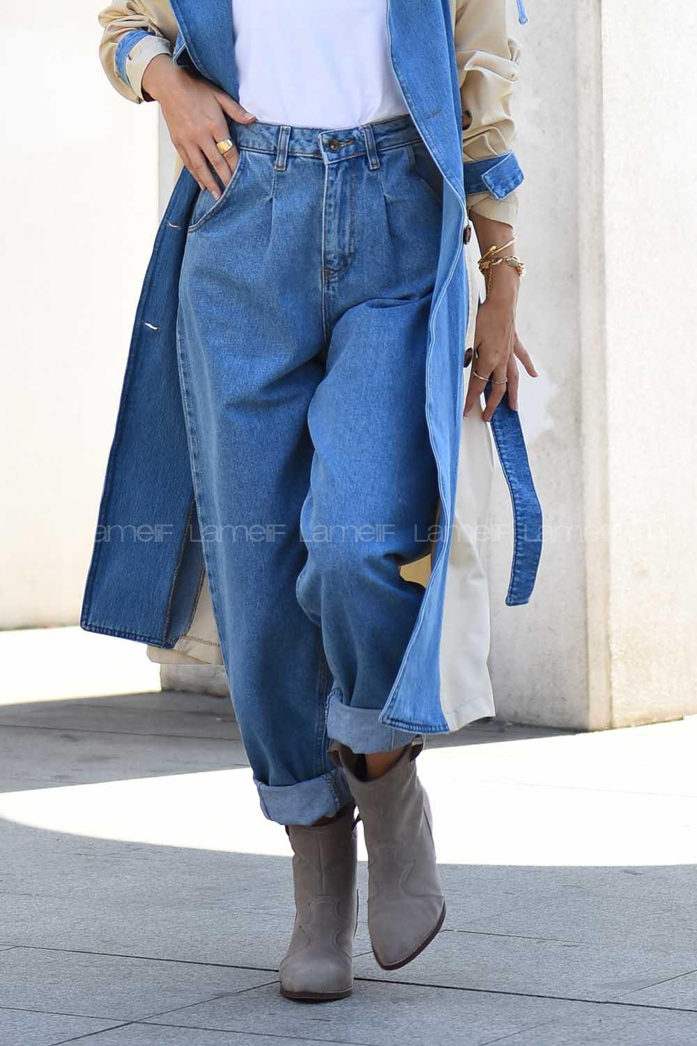 Modalamelif Paça Pensli Mom Jean Kot Mavisi