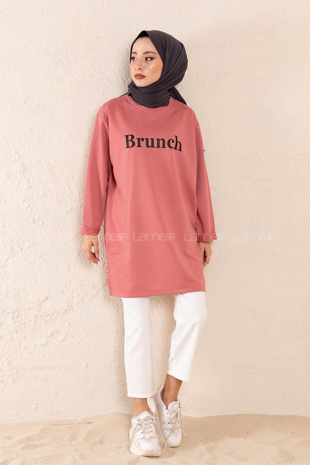 Modalamelif Düşük Kol Brunch Baskılı Tunik Pudra