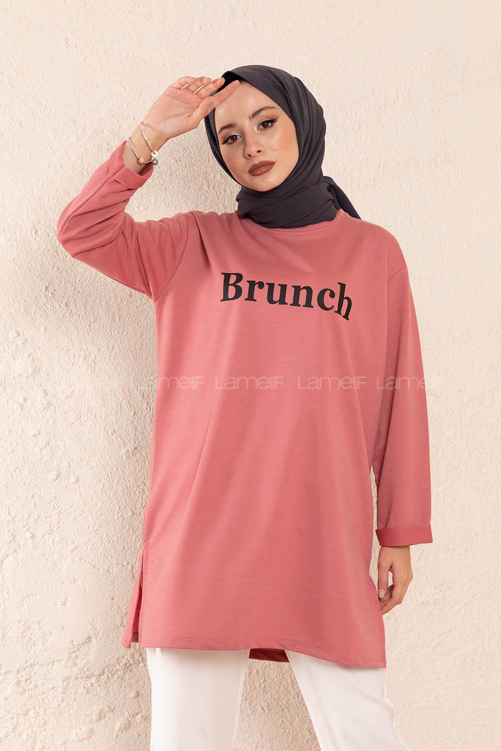 Modalamelif Düşük Kol Brunch Baskılı Tunik Pudra