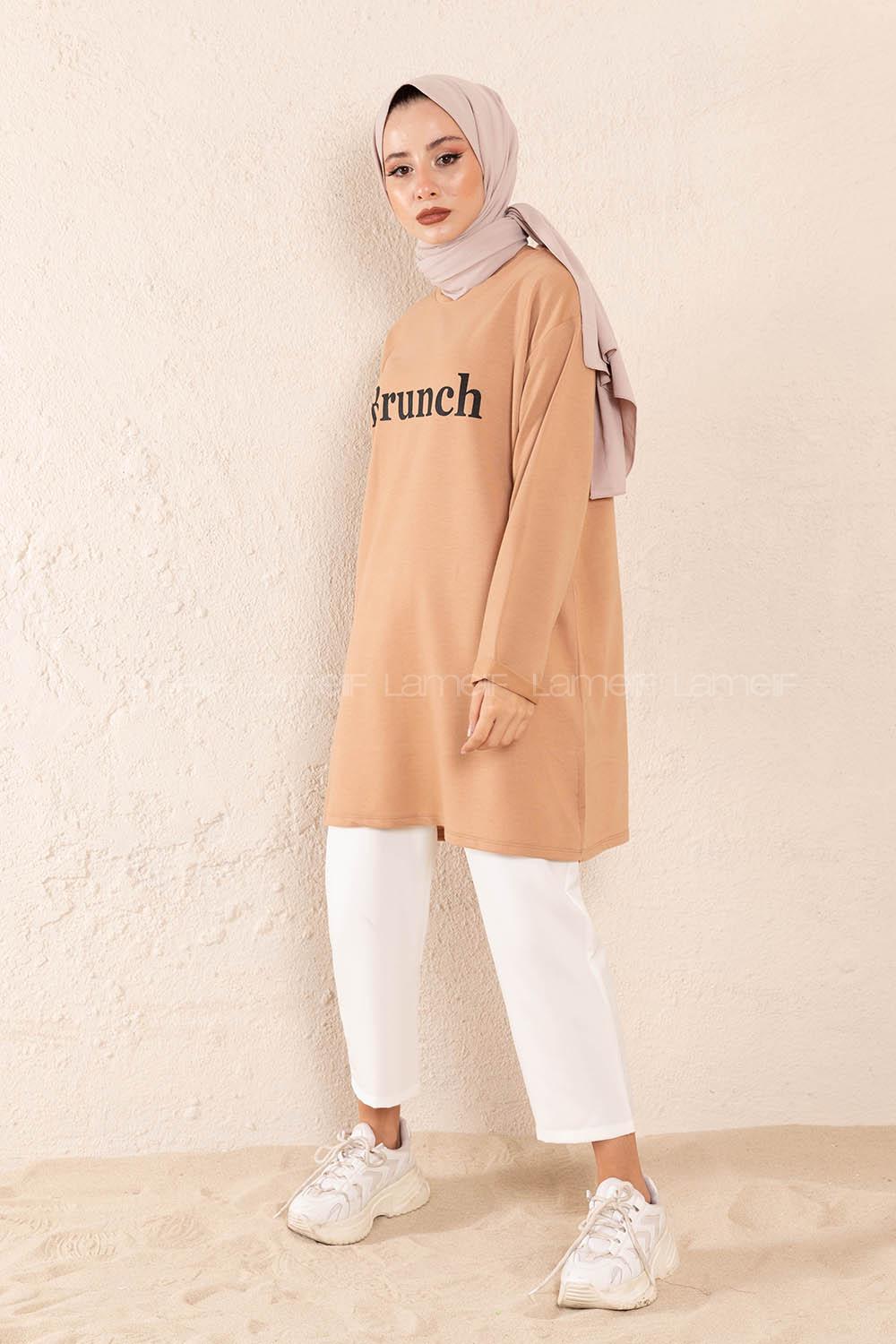 Modalamelif Düşük Kol Brunch Baskılı Tunik Sütlü Kahve