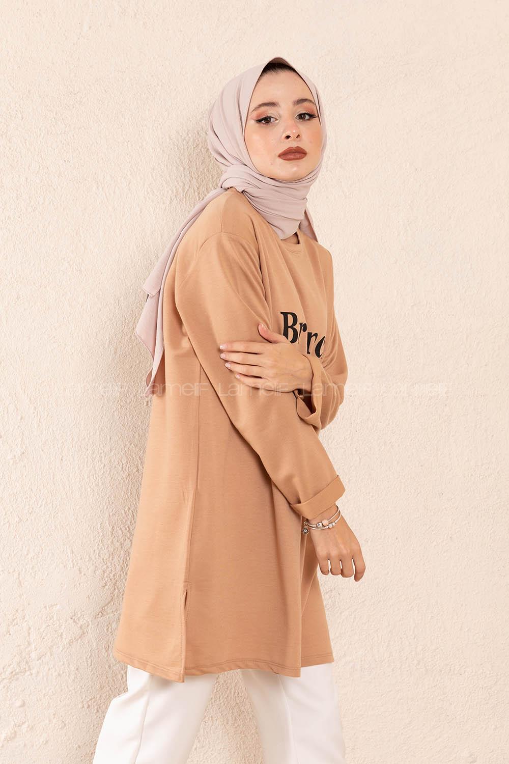 Modalamelif Düşük Kol Brunch Baskılı Tunik Sütlü Kahve