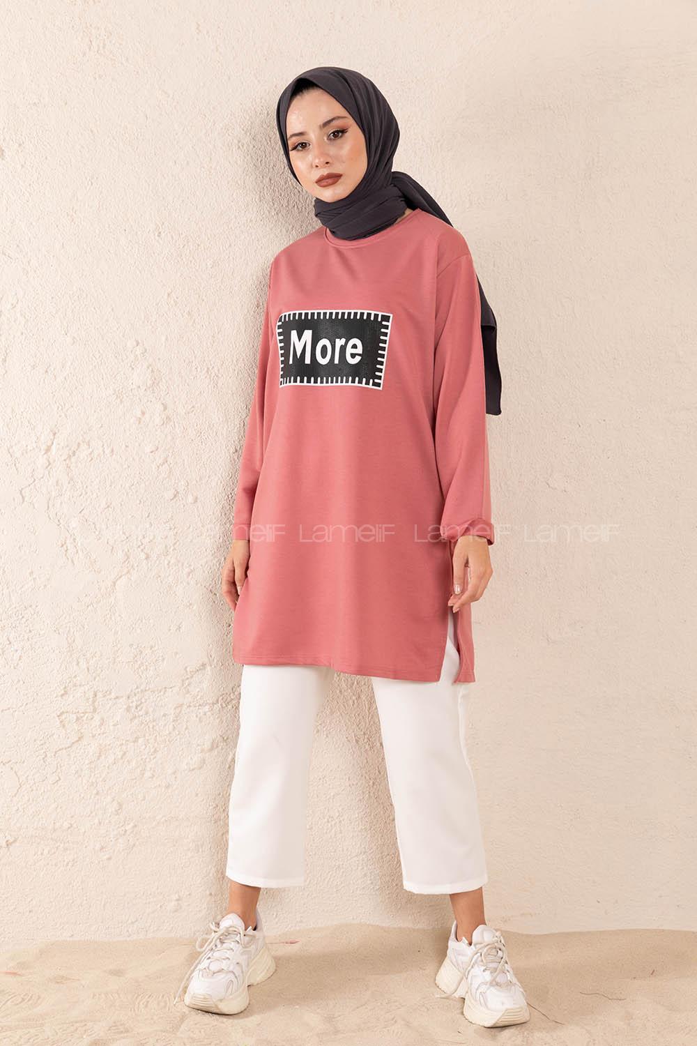 Modalamelif Düşük Kol More Baskılı Tunik Gül