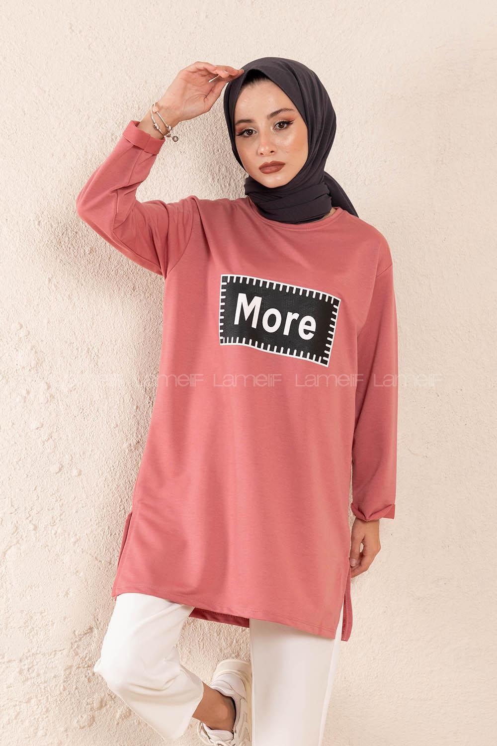 Modalamelif Düşük Kol More Baskılı Tunik Gül