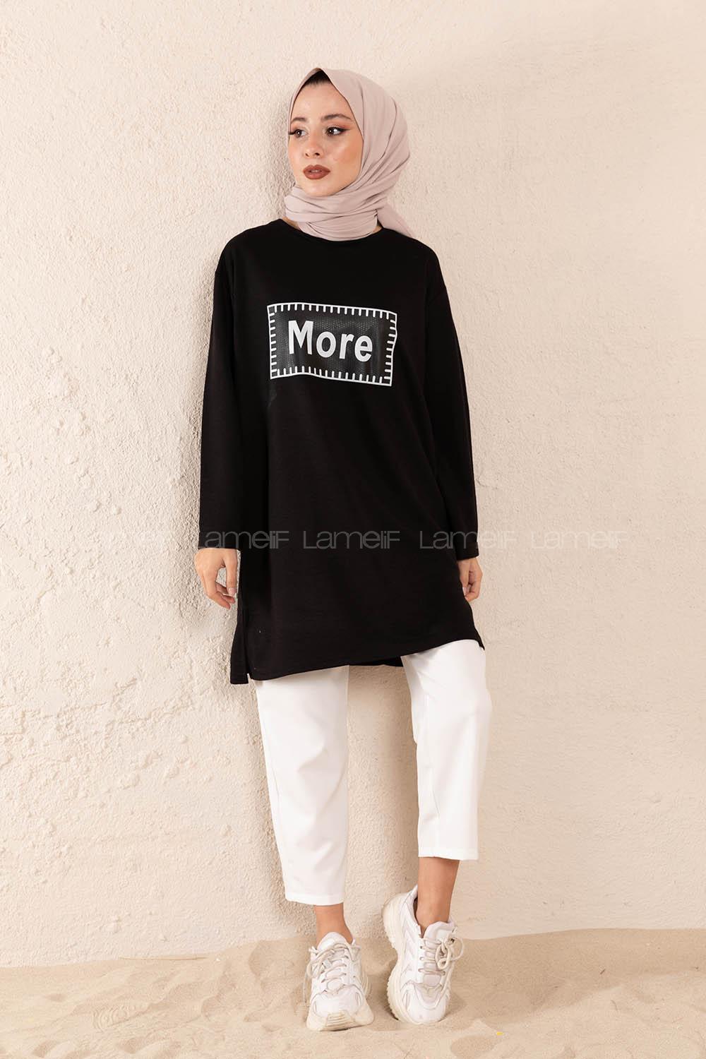 Modalamelif Düşük Kol More Baskılı Tunik Siyah