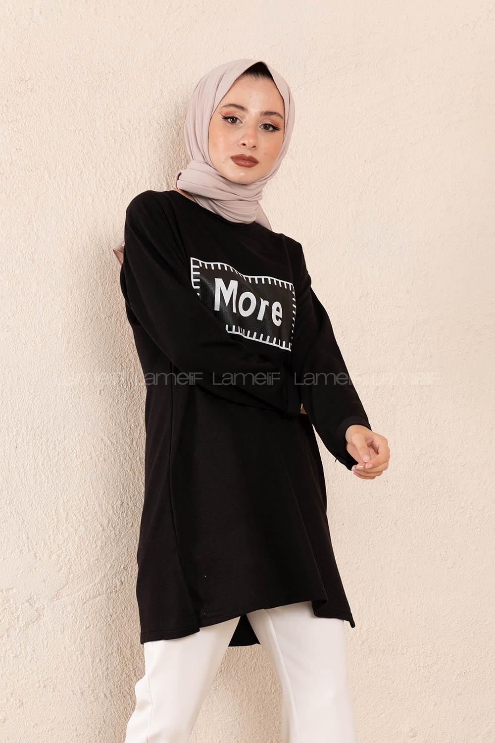 Modalamelif Düşük Kol More Baskılı Tunik Siyah