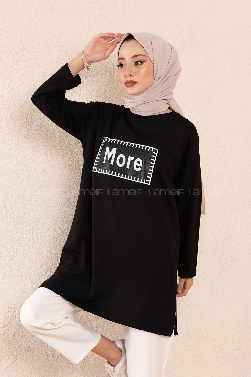 Modalamelif Düşük Kol More Baskılı Tunik Siyah