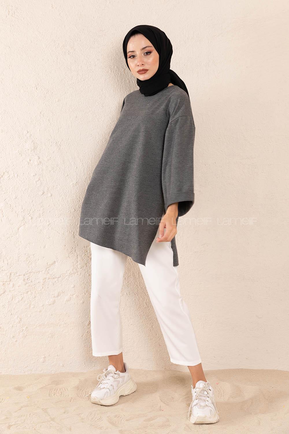 Modalamelif Düz Renk Fakir Kol Sweatshirt Antrasit