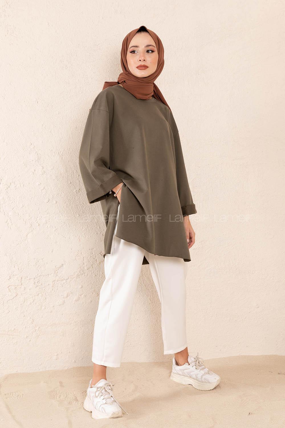 Modalamelif Düz Renk Fakir Kol Sweatshirt Haki