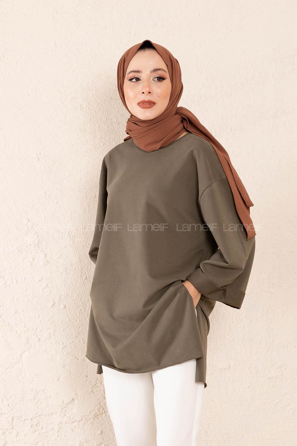 Modalamelif Düz Renk Fakir Kol Sweatshirt Haki