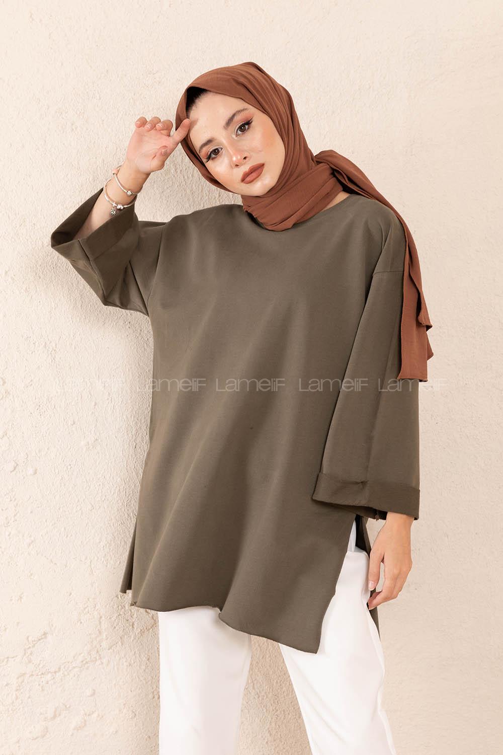 Modalamelif Düz Renk Fakir Kol Sweatshirt Haki