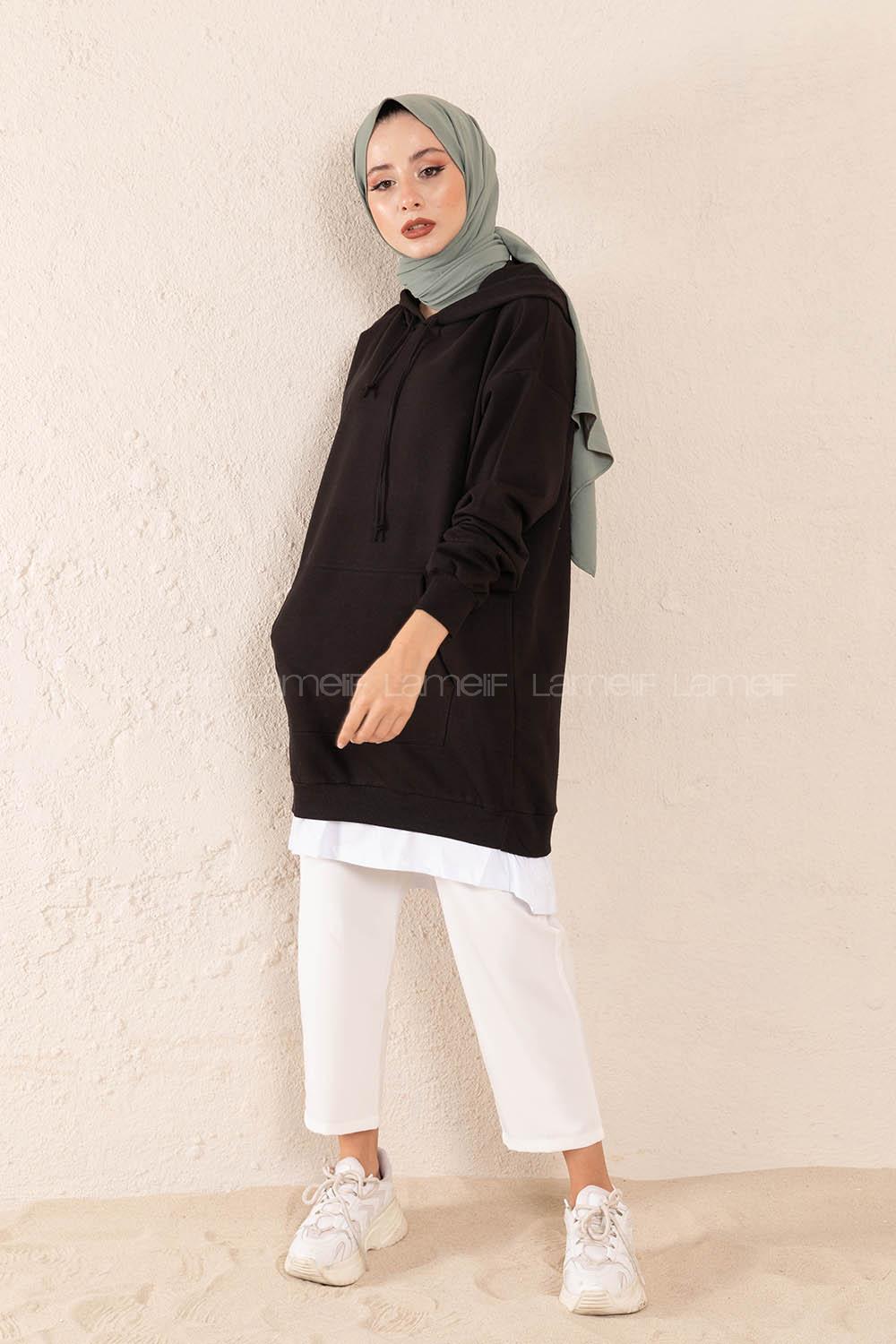 Modalamelif Eteği Garnili Kapşonlu Tunik Siyah