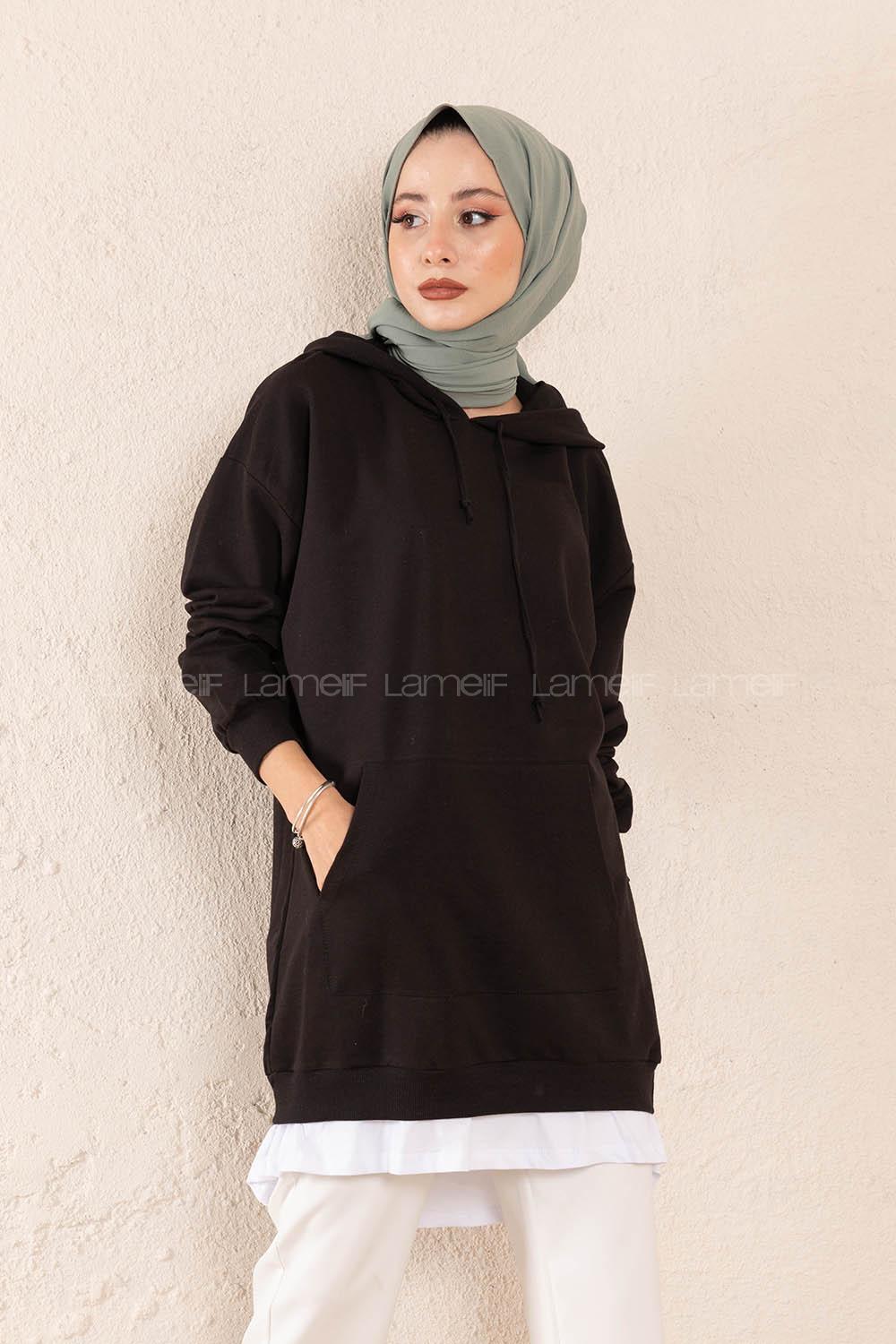 Modalamelif Eteği Garnili Kapşonlu Tunik Siyah