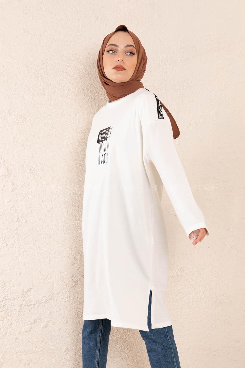 Modalamelif Önü Yazı Baskılı Tunik Beyaz