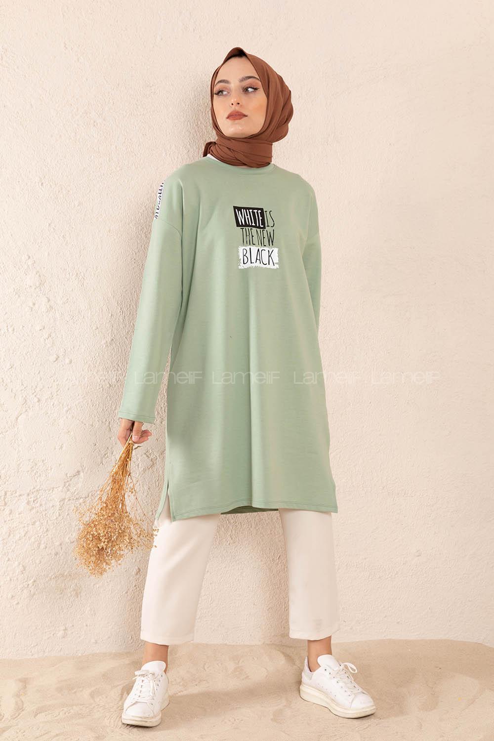 Modalamelif Önü Yazı Baskılı Tunik Çağla Yeşili