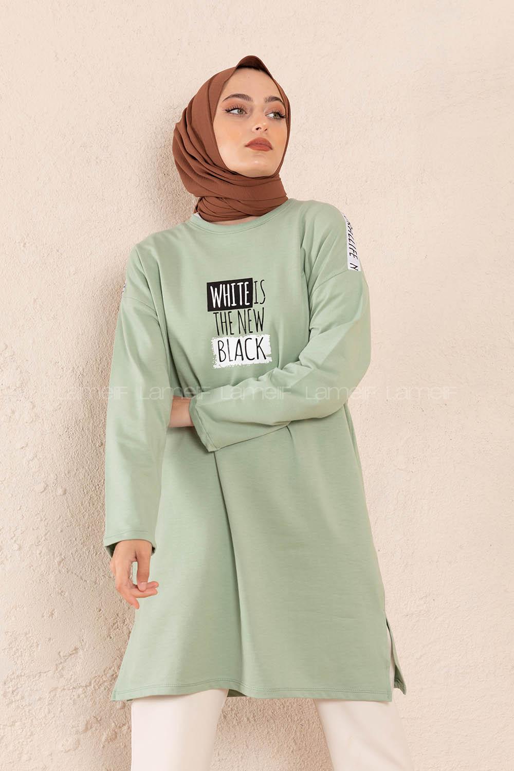 Modalamelif Önü Yazı Baskılı Tunik Çağla Yeşili