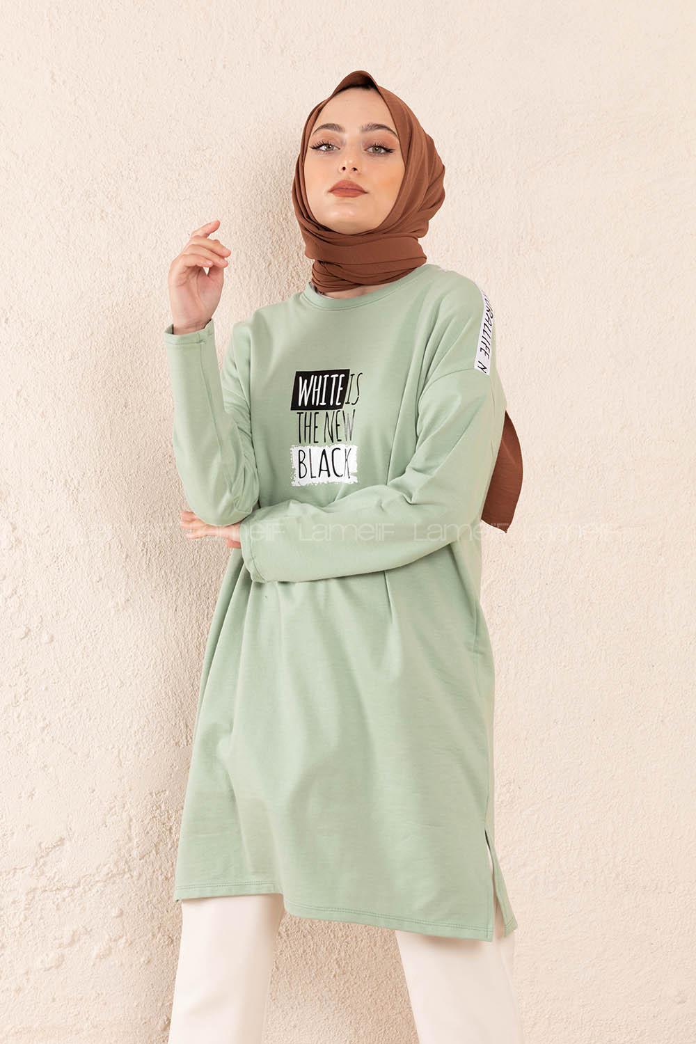 Modalamelif Önü Yazı Baskılı Tunik Çağla Yeşili