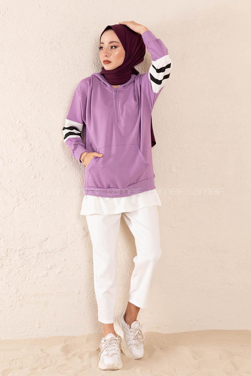 Modalamelif Yarım Fermuarlı Kol Garnili Tunik Lila