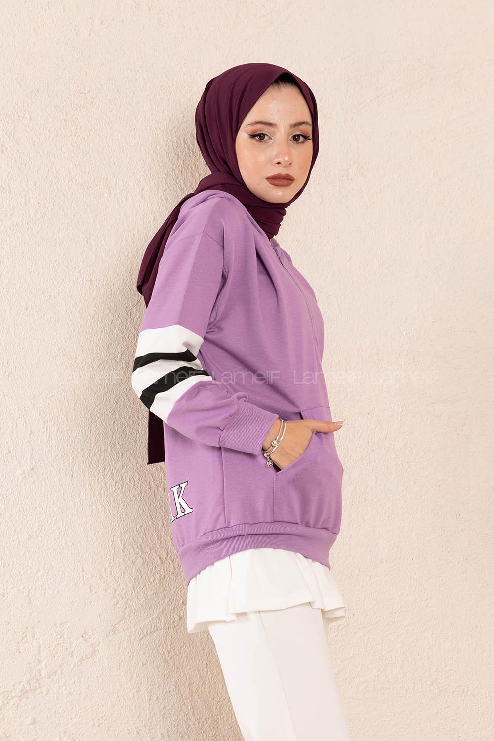 Modalamelif Yarım Fermuarlı Kol Garnili Tunik Lila