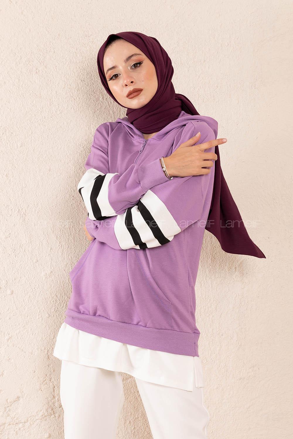 Modalamelif Yarım Fermuarlı Kol Garnili Tunik Lila