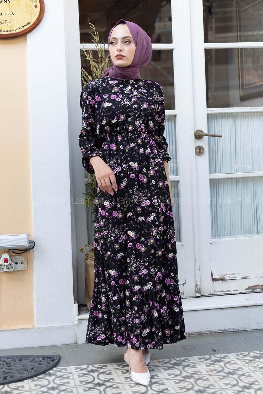 Modalamelif Bel Lastikli Gül Desen Elbise Siyah