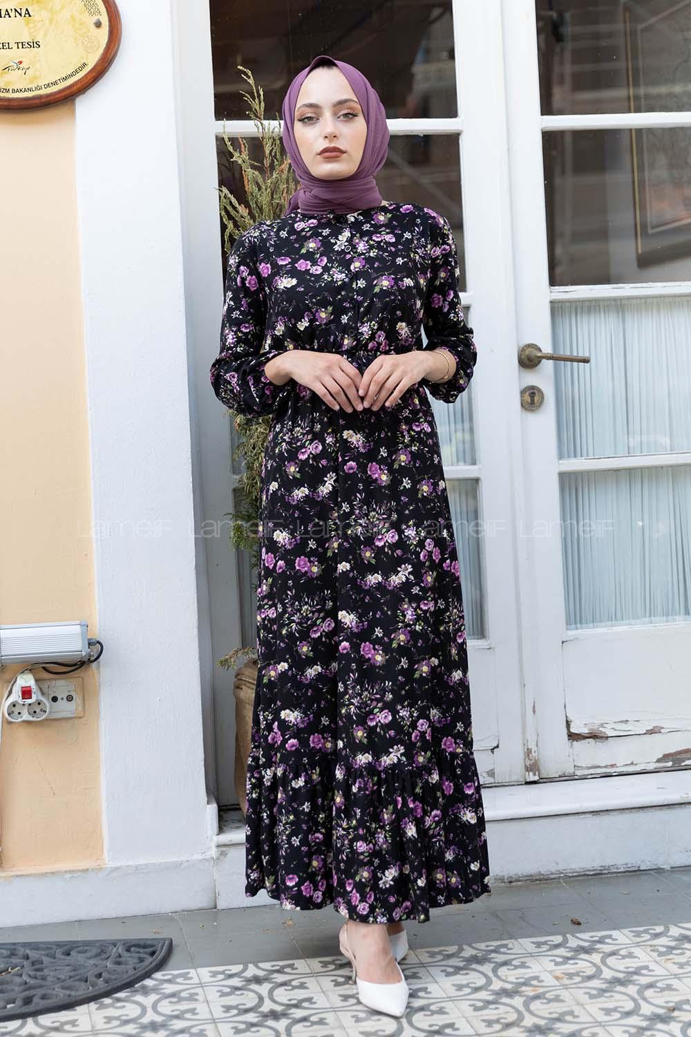 Modalamelif Bel Lastikli Gül Desen Elbise Siyah