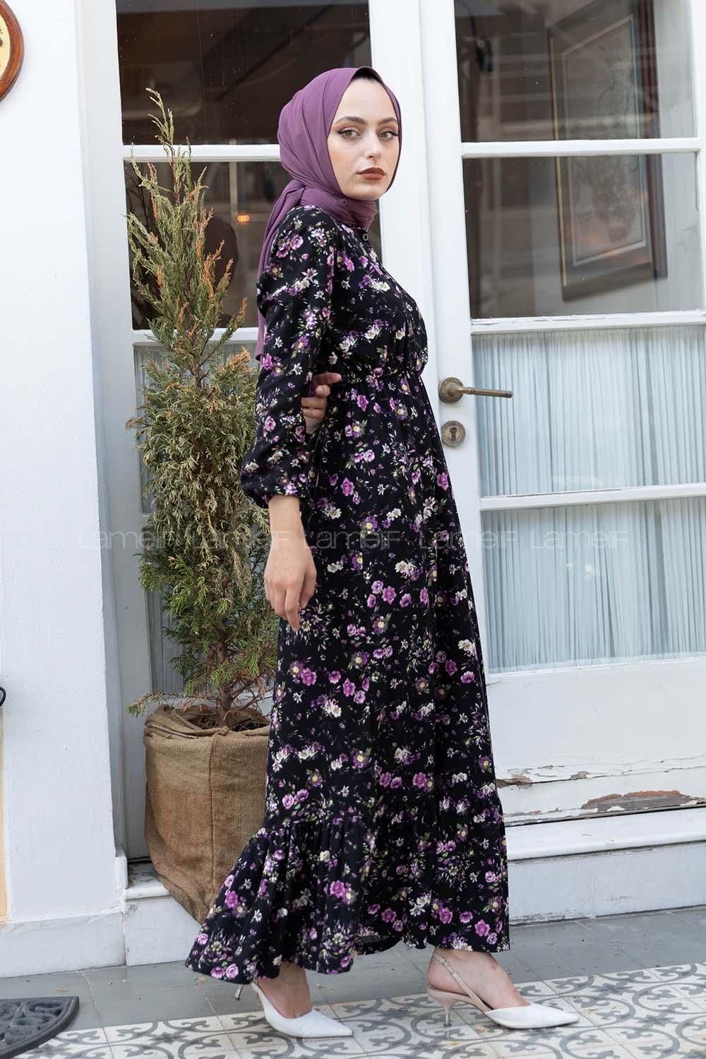 Modalamelif Bel Lastikli Gül Desen Elbise Siyah